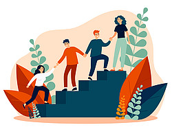 Illustration von Menschen die sich gegenseitig eine Treppe hochhelfen